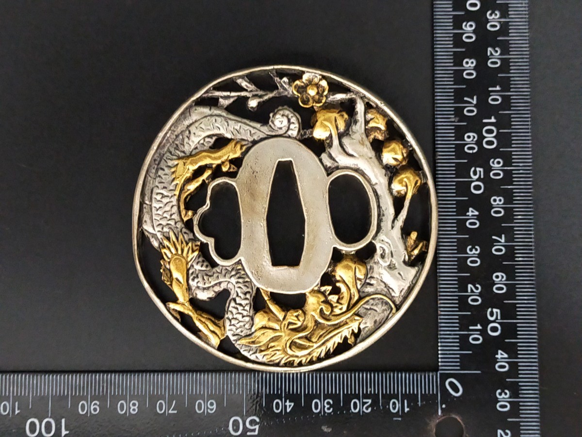 Q6871 刀鍔 桜龍の図 銅地 絵金銀 日本刀装具 鍔 つば 鐔 刀鐔 刀の鍔