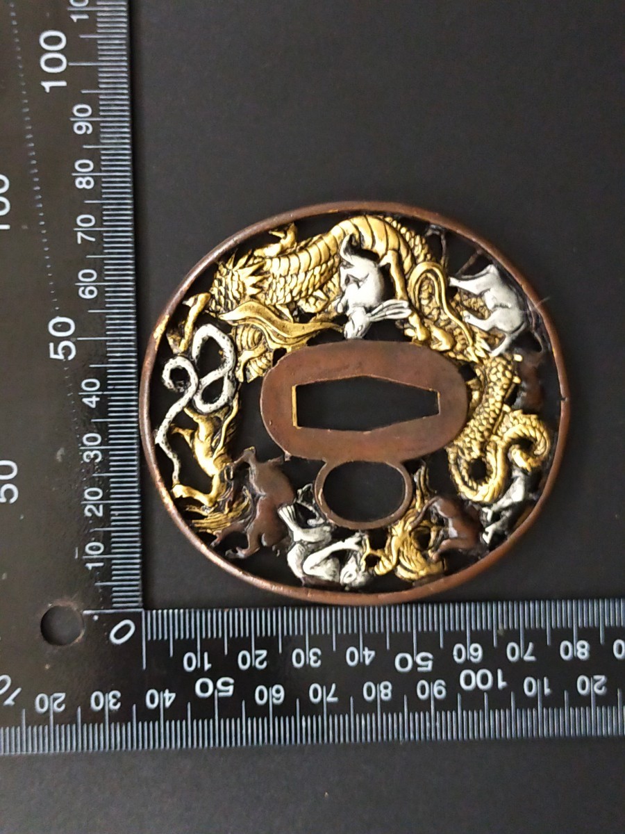 XG93 日本刀装具 刀鍔 龍の図 銅地 細工 絵金銀 刀剣美術 武道具 XG93