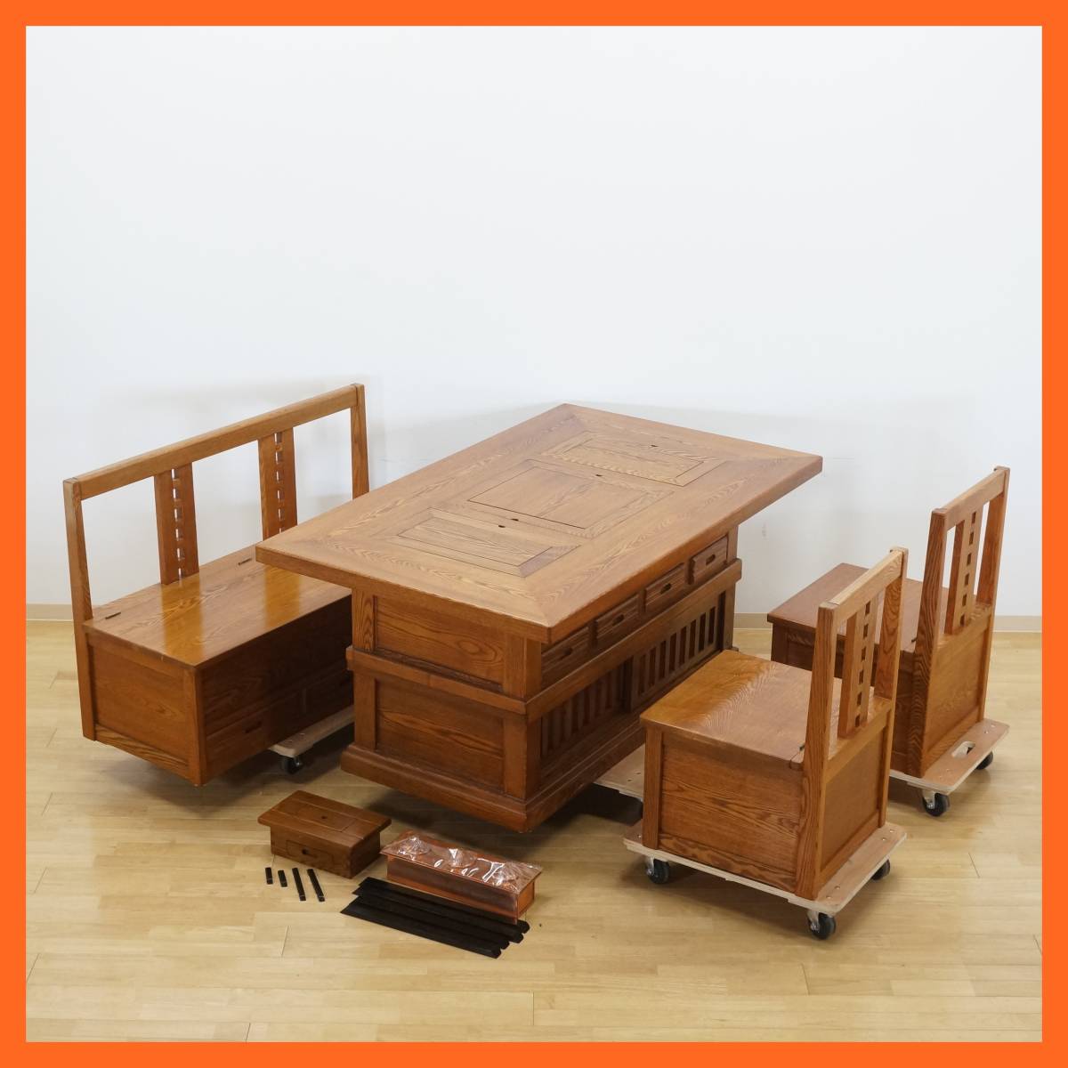 前ダ:【欅】囲炉裏 ダイニングセット 4人用 無垢材 ケヤキ材 天然木 食卓テーブル ベンチ 椅子2脚 収納付き 木製 リビング 家具 