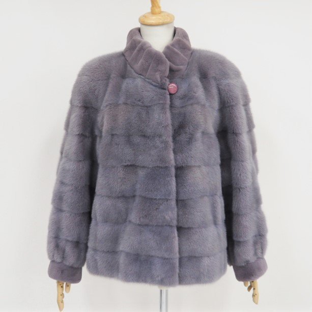 美品【 Stiffany★襟元：ボタン付 】レア　高級毛皮　染めミンク×シェアードミンク◆ショートコート/64cm丈　横段　パープルグレー◆R983T