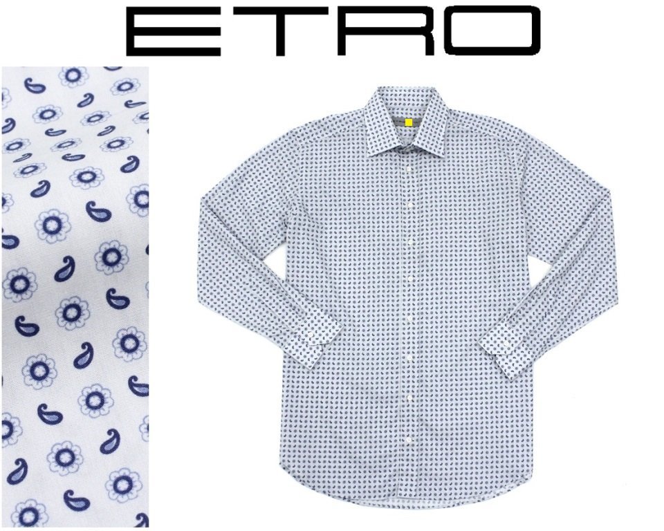 6万新品◇42=L～XL【ETRO】エトロ ペイズリー×フラワー柄コットンシャツ白
