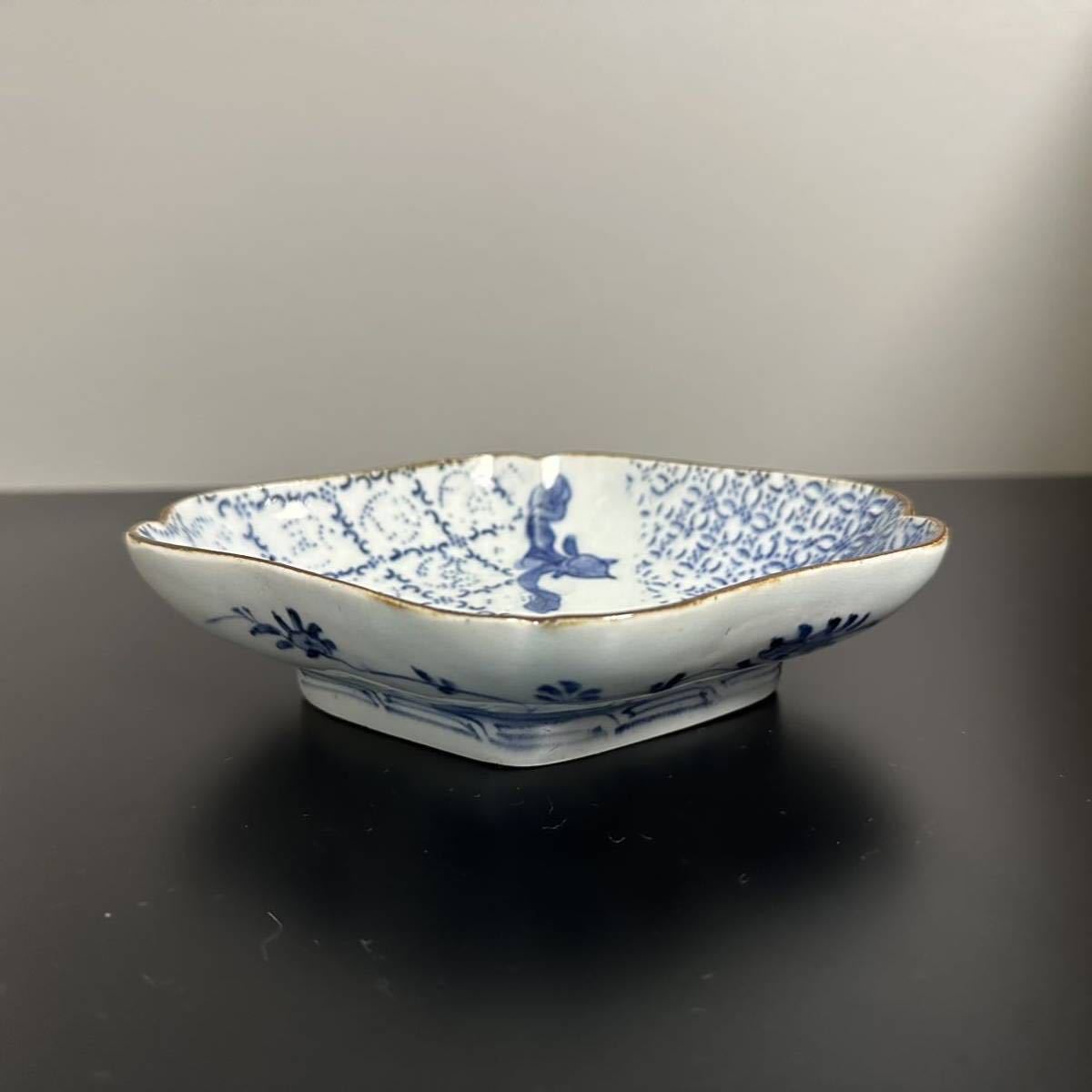 古伊万里 隅入菱形皿 元禄型紙摺 七宝文と蕪の図 検 印判 型紙摺 染付