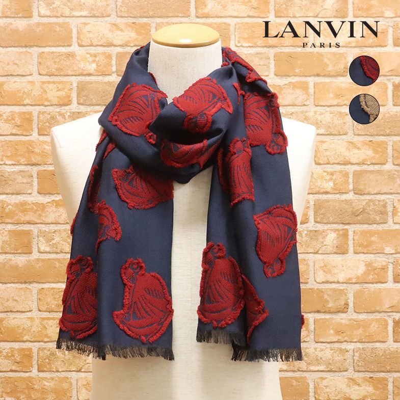 1円/LANVIN/イタリア製ストール 上質ウール混ジャガード アイコン ロゴ 男女兼用 ギフト ハイブランド 新品/紺×赤/hb255/