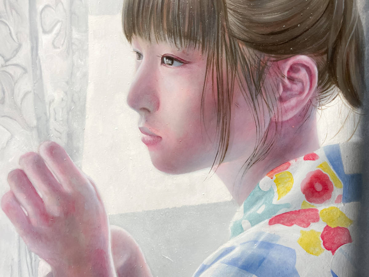 真作☆M8号☆茅原佳介 油彩 写実絵画 「夏枯れ」◇リアリズム 女性画