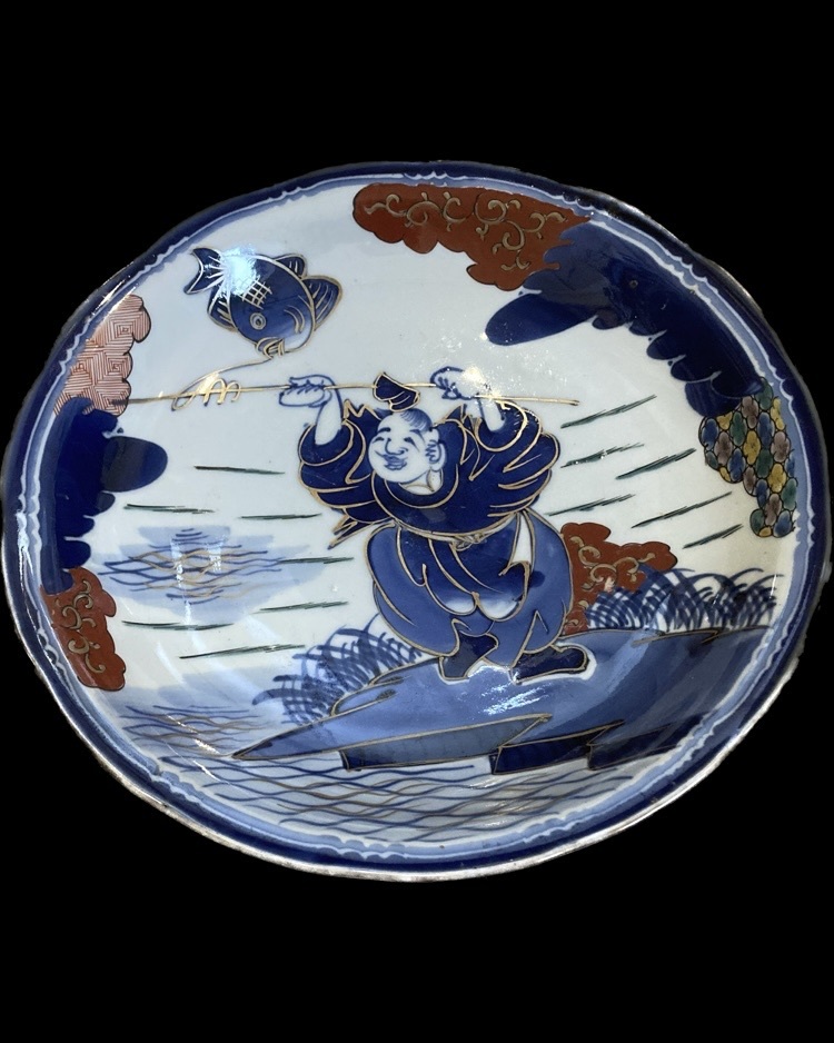 兎】古伊万里 志田焼 恵比寿天 鯛 色絵 錦 一尺皿 江戸期 無疵 染付