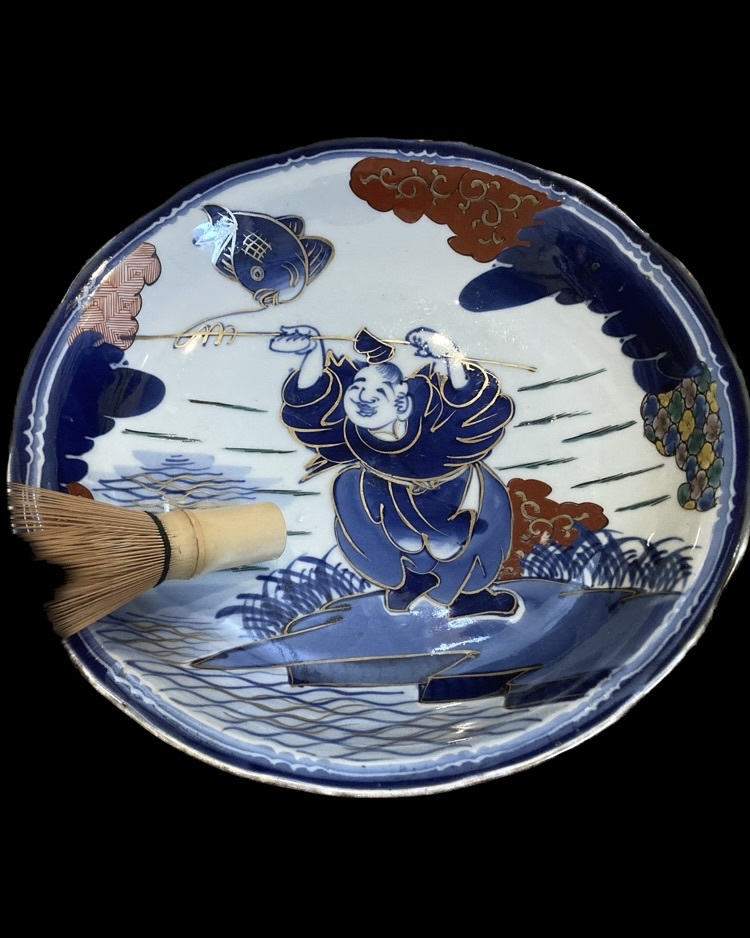 兎】古伊万里 志田焼 恵比寿天 鯛 色絵 錦 一尺皿 江戸期 無疵 染付