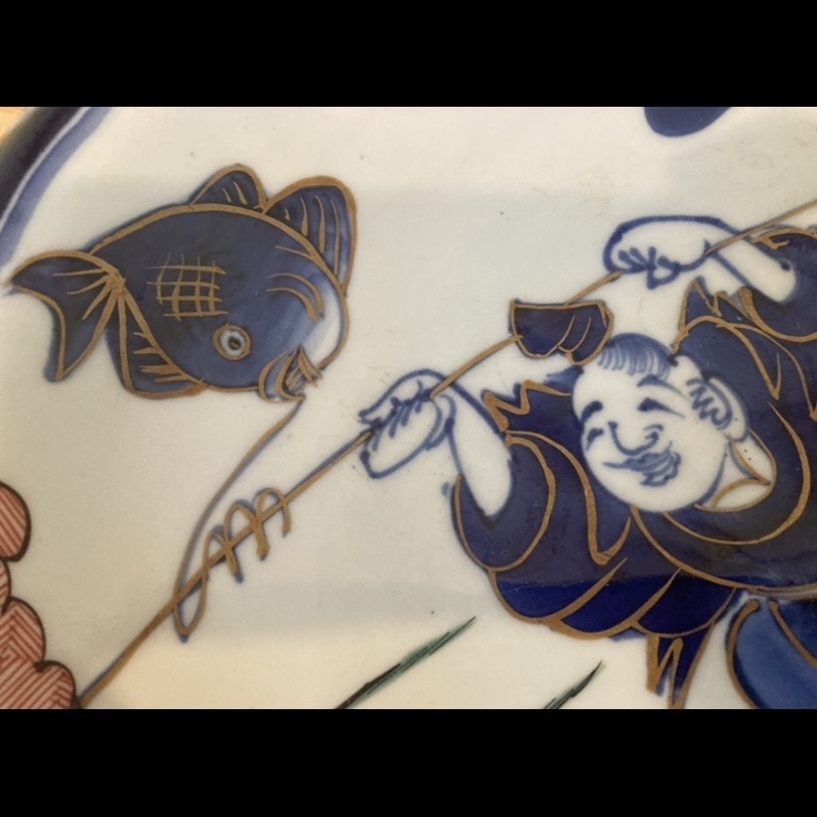 兎】古伊万里 志田焼 恵比寿天 鯛 色絵 錦 一尺皿 江戸期 無疵 染付