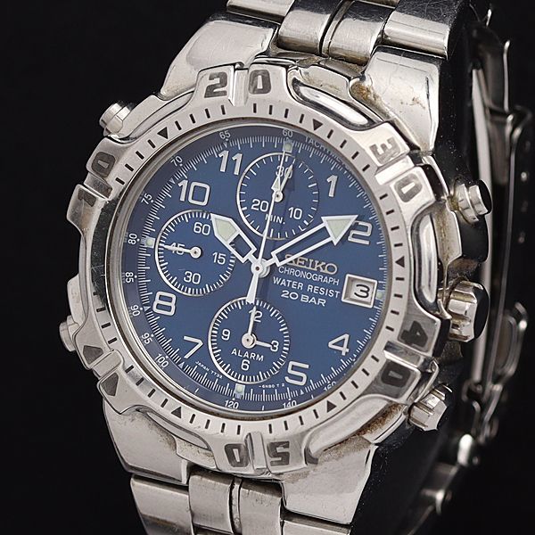 1円 セイコー QZ 7T32-6K40 クロノグラフ 青文字盤 デイト アラーム ラウンド メンズ腕時計 NBY0826 8717000KYM