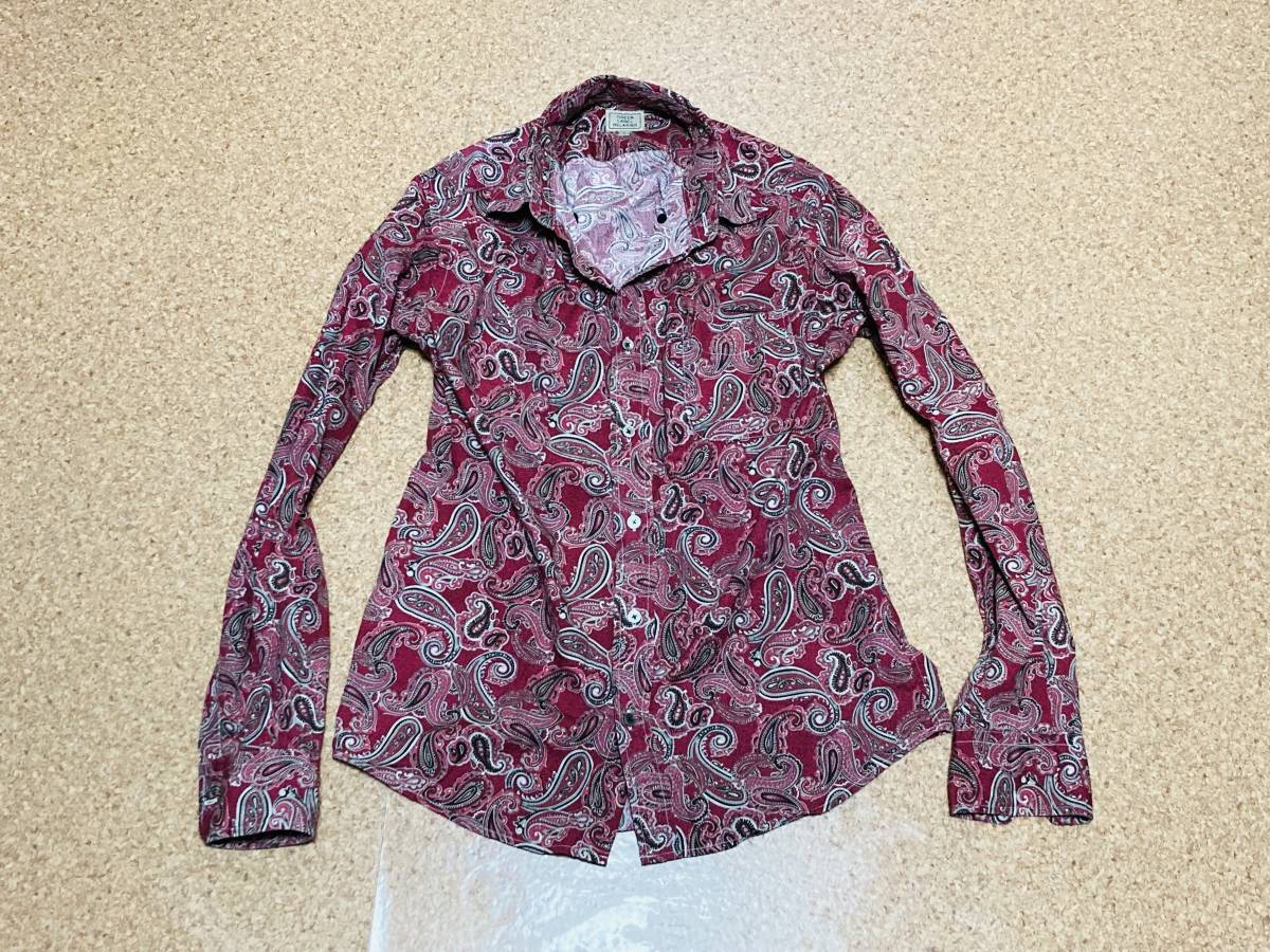 美品/ペイズリー柄シャツ/パープル×アッシュ/Ｍ～Ｌサイズ/長袖/コットン100％/レトロ柄/花柄/総柄/70年代/サイケ/ヒッピー/フーテン