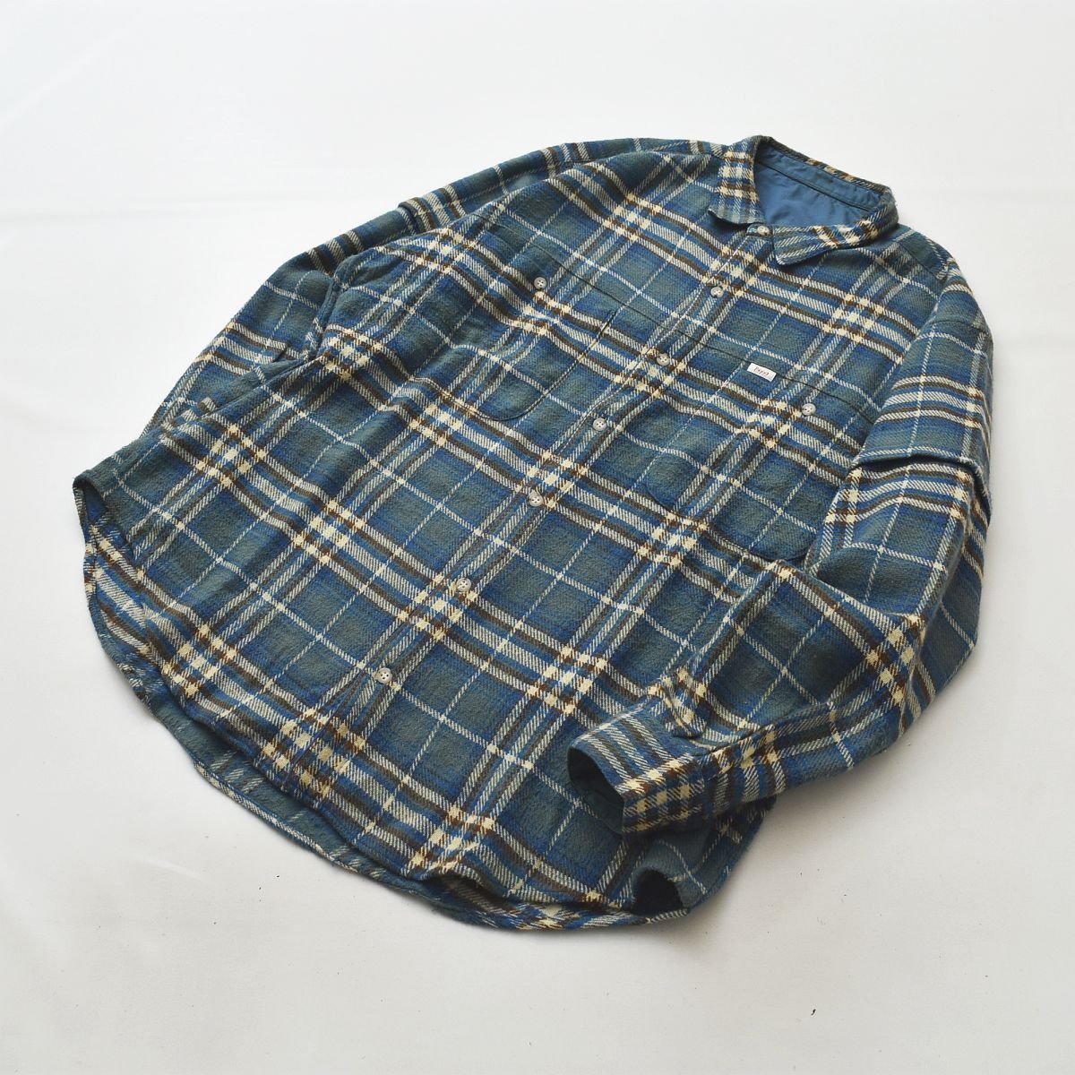 ★好配色 ビッグシルエット パパス Papas フェイクレイヤード チェック柄 コットン ネル ワイド シャツ M ブルー メンズ チェックシャツ★