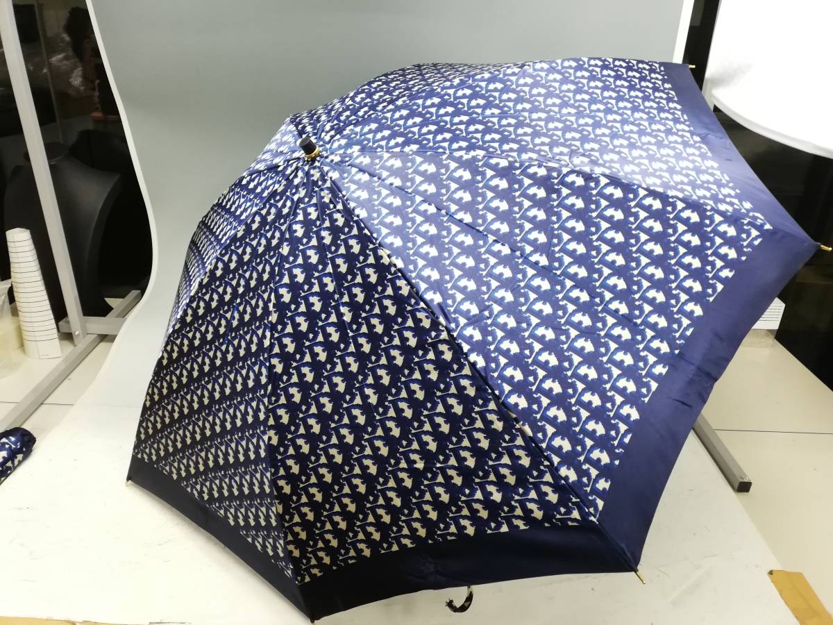 I7-183 Dior/ディオール 折り畳み雨傘 トロッター柄 ブルー 60㎝(直径