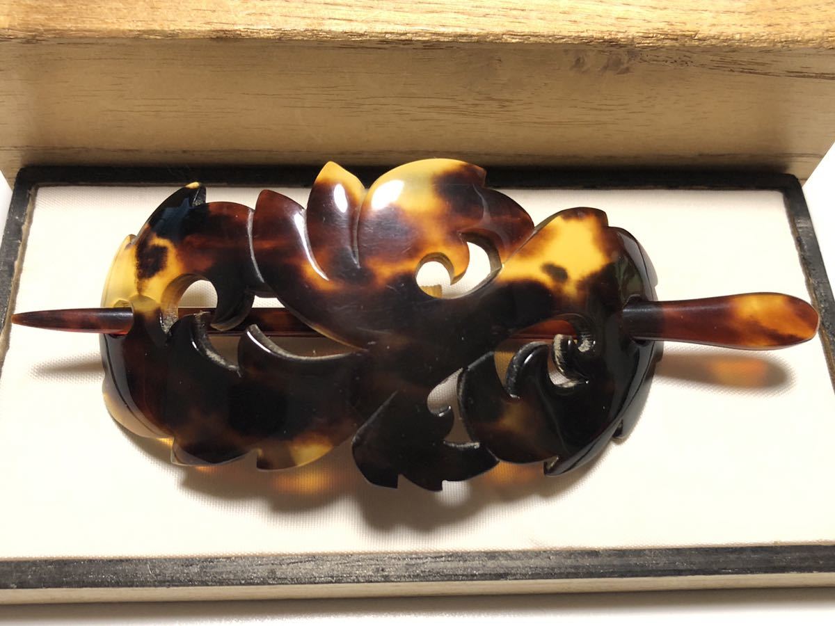 アンティーク 本鼈甲 10.0g 透かし唐草細工 髪飾り 共箱付属【難あり】【検/べっ甲/バレッタ/髪留め/簪/かんざし】