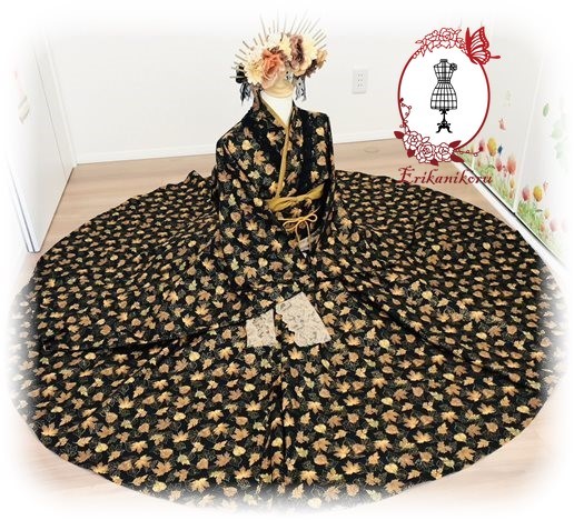 B品 【秋帳】 一点物 創作和風ドレス 浴衣ドレス 格安 着物風ドレス ハロウィン 全円スカート サーキュラー 作り帯 衣装 イベント ライブ
