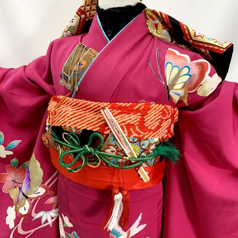 603ag10□七五三 七歳 女児 着物&袋帯&長襦袢 刺繍 蝶 ピンク□美品