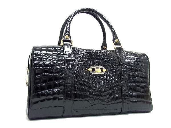 1円 ■美品■ CELINE セリーヌ 馬車金具 クロコダイル型押しパテントレザー トートバッグ ハンドバッグ レディース ブラック系 BF2562