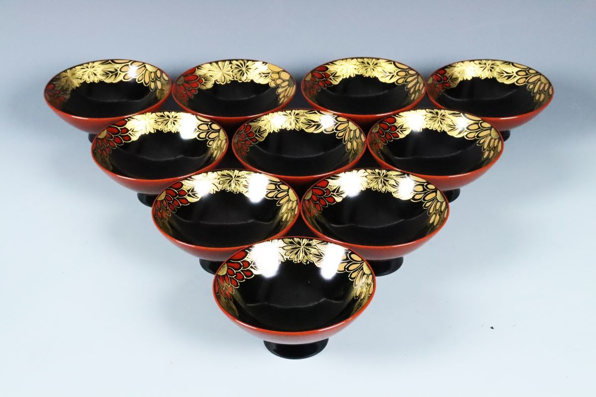 吸物椀 輪島塗 10客 共 漆器 最高級 十客 – 朱地漆器 沈金蒔絵 花尽菊