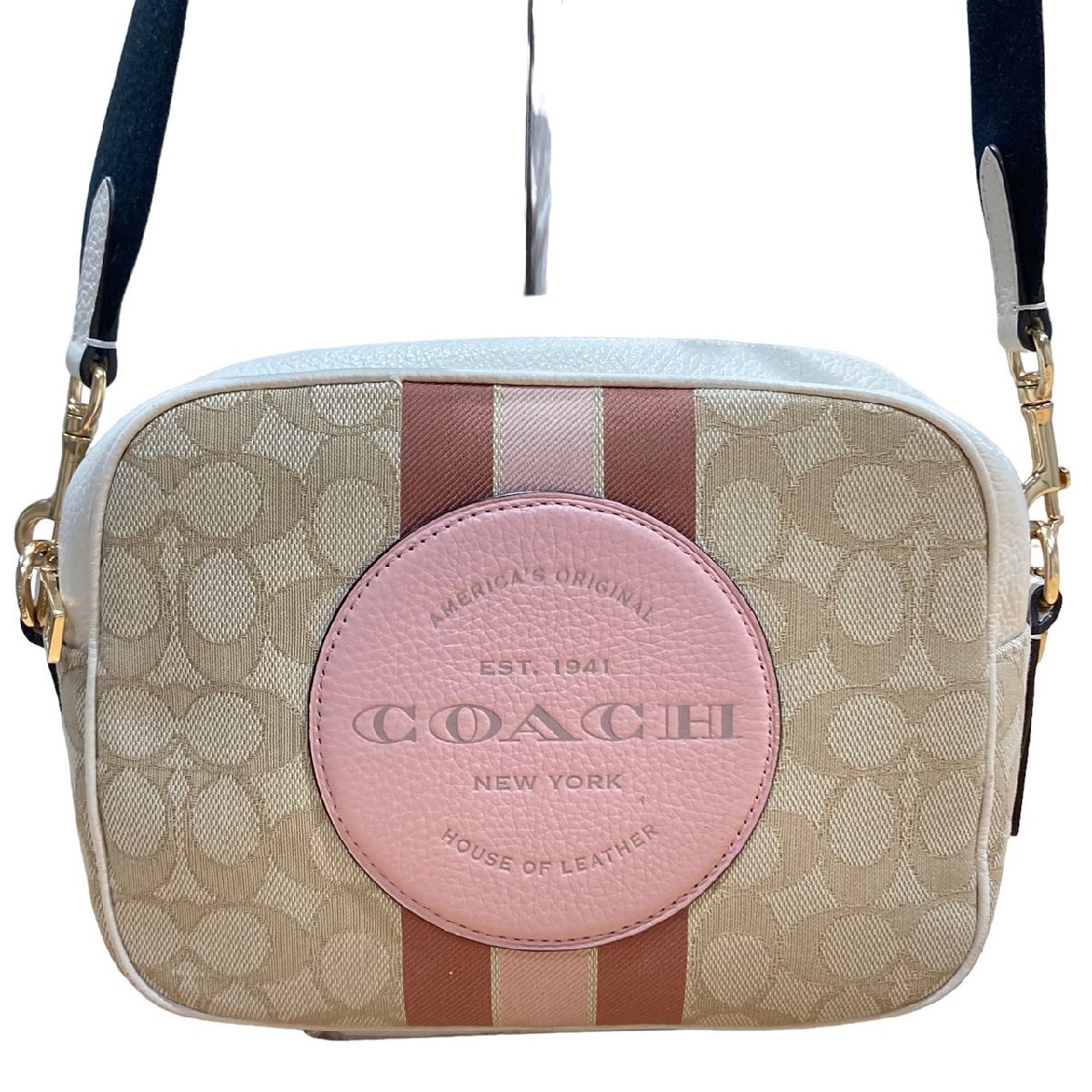 COACH コーチ ペブルレザー ストライプ ロゴ パッチ D2111-1912 ショルダーバッグ キャンバスxレザー ベージュxピンク系