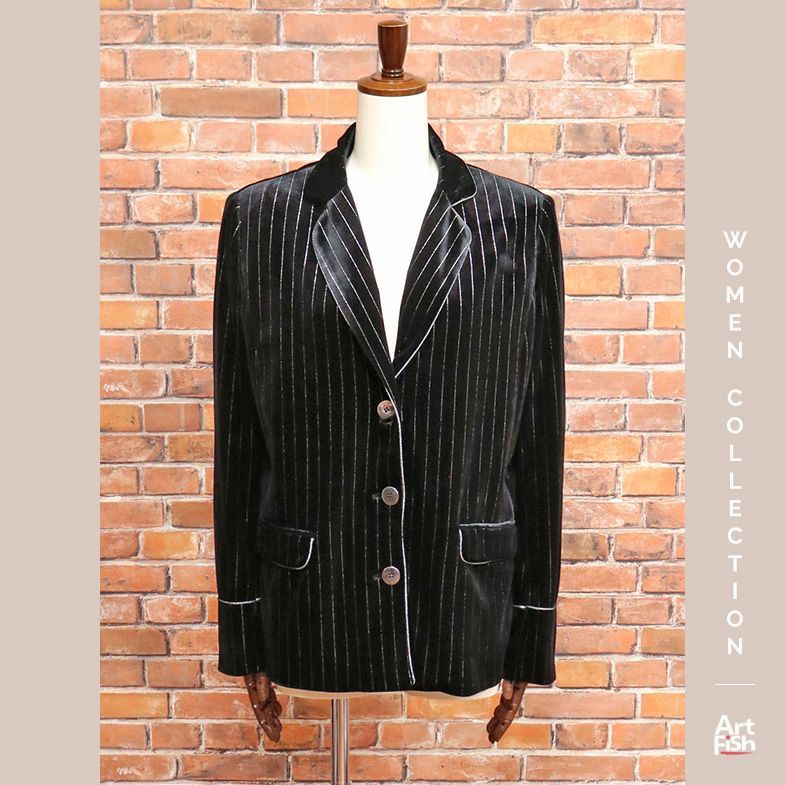 1円/秋冬/LIU・JO/IT42サイズ/ベロア ストライプ ジャケット イタリア製 インポート リュージョー 新品/黒/ブラック/hz326/