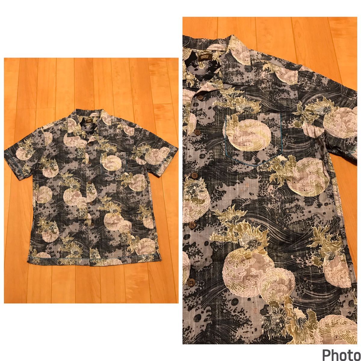 美品☆Smiths/和柄　メンズサイズL 半袖アロハシャツ・裏使い粗目生地　獅子舞.狛犬&波総柄 一部刺繍糸使いデザイン ココナッツボタン 黒！