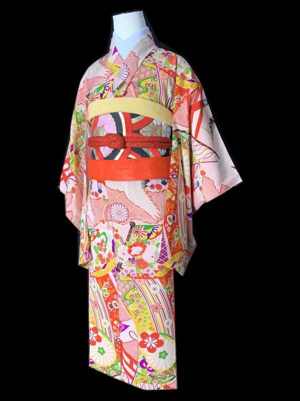★きものさらさ　アンティーク着物帯★子供着物　古典文様　鶴　古布　古裂　大正ロマン　七五三　ジュニア着物　モダン　
