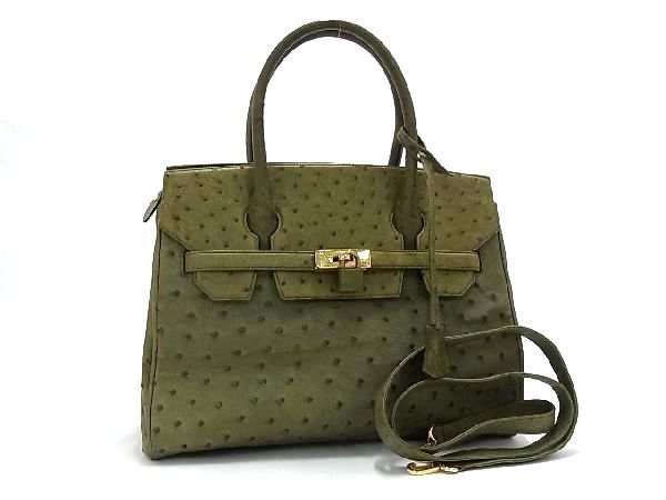 1円 ■極上■本物■美品■ オーストリッチ バーキン型 2WAY ハンドバッグ ショルダー トート 肩掛け レディース カーキ系 AR7037