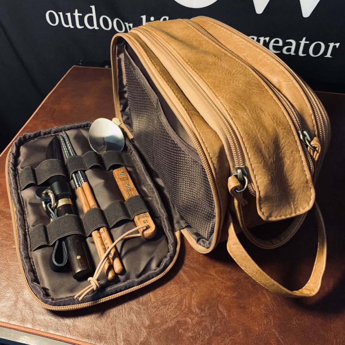 キャンプ用 超高品質 多機能 クッカー収納バック 食器 収納 革製 27cmx15x16cm アウトドア 野外登山
