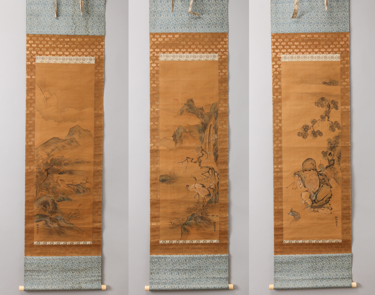 洛座】【模写】某家旧家収蔵 狩野探幽 掛軸 三幅対 前田荷香鑑定箱書