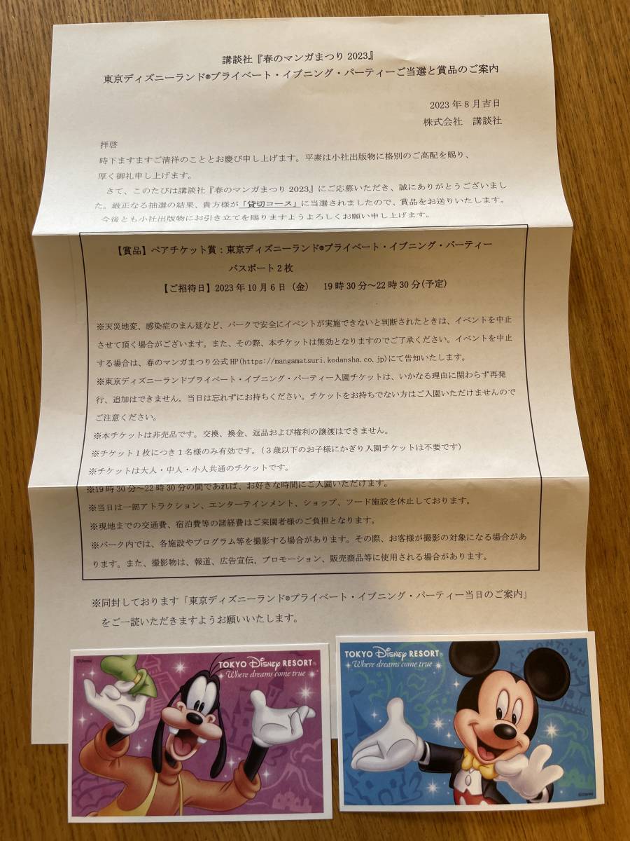 10月6日(金) 東京ディズニーランド　プライベート・イブニング・パーティー ペア 貸切 講談社　2名様