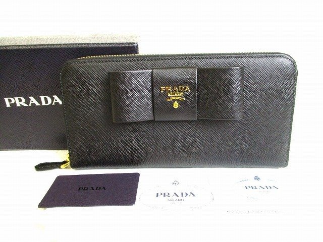 【未使用保管品】 プラダ PRADA サフィアーノ レザー リボン ラウンドファスナー 長財布 ロングウォレット