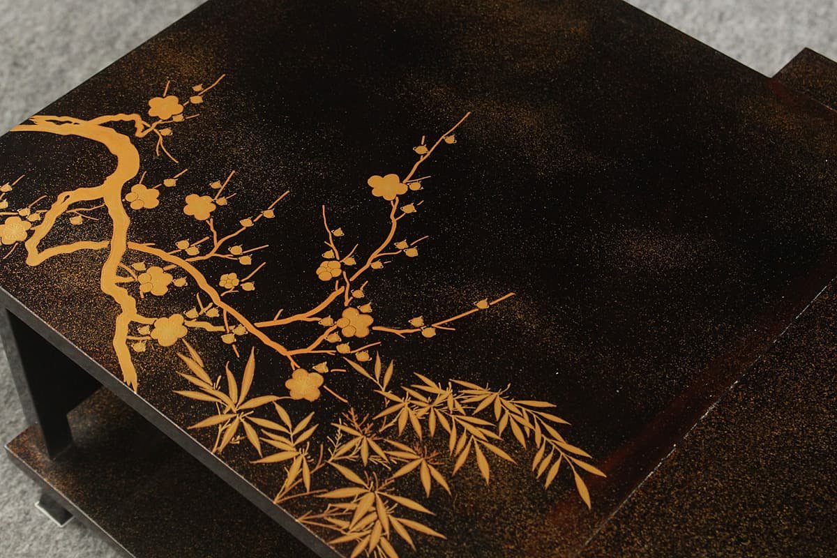 DS160 時代物秋峰 作黒漆地 金梨地 四君子蒔絵冠卓 幅56.6