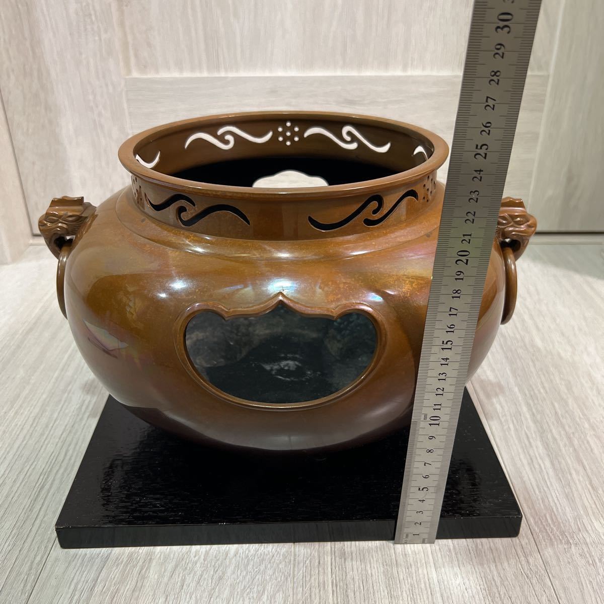 T 茶道具 風爐釜 釜師 大國藤兵衛造 唐銅鬼面風爐釜 サイズ:直径約34cm