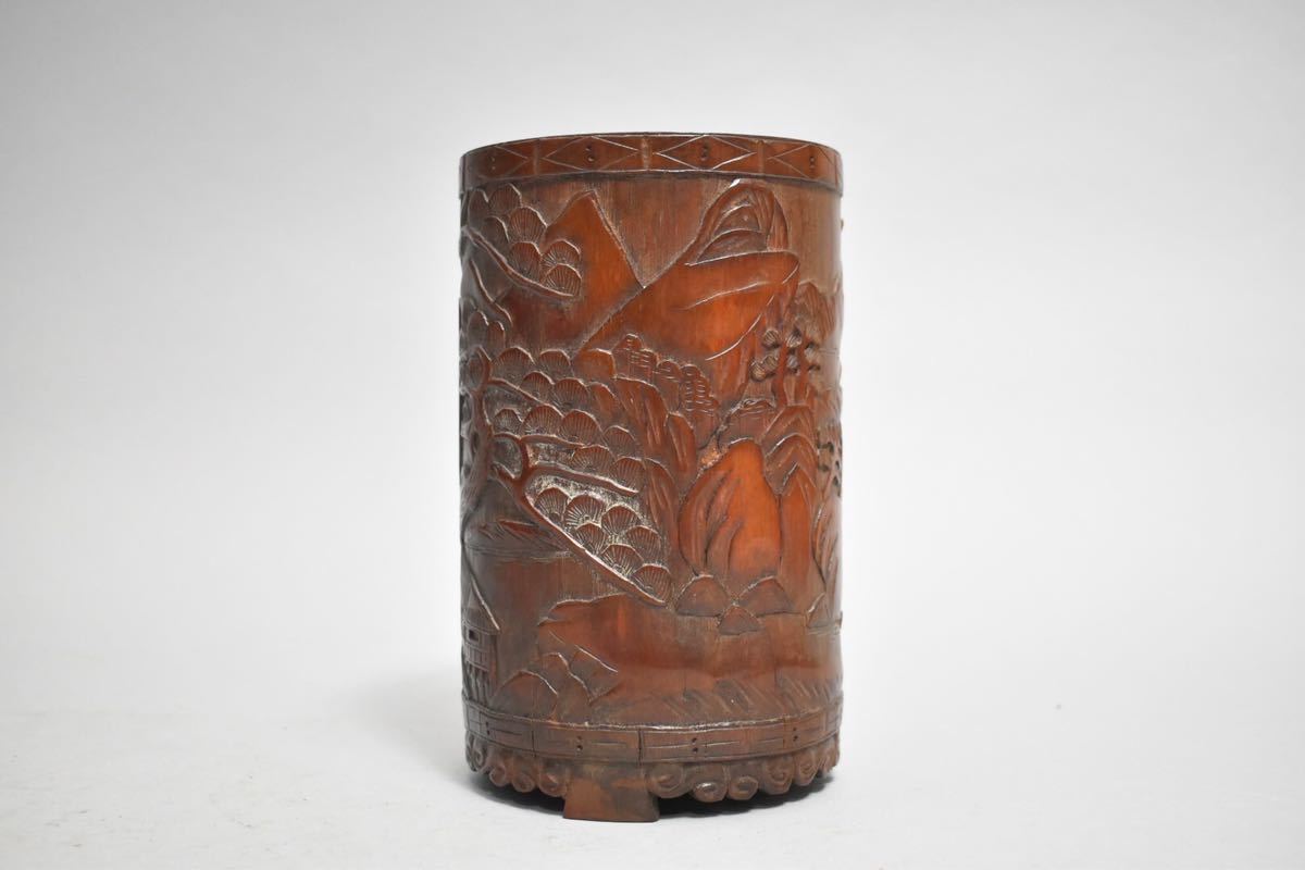 古美術 竹製 彫刻 細密細工 花草 筆筒 置物 骨董品 古玩 骨董 古董 
