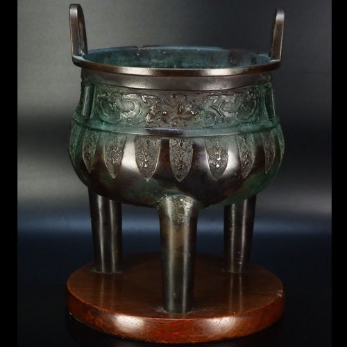 治】唐銅製 饕餮紋立耳大香炉☆高29cm 内径17.3cm 重