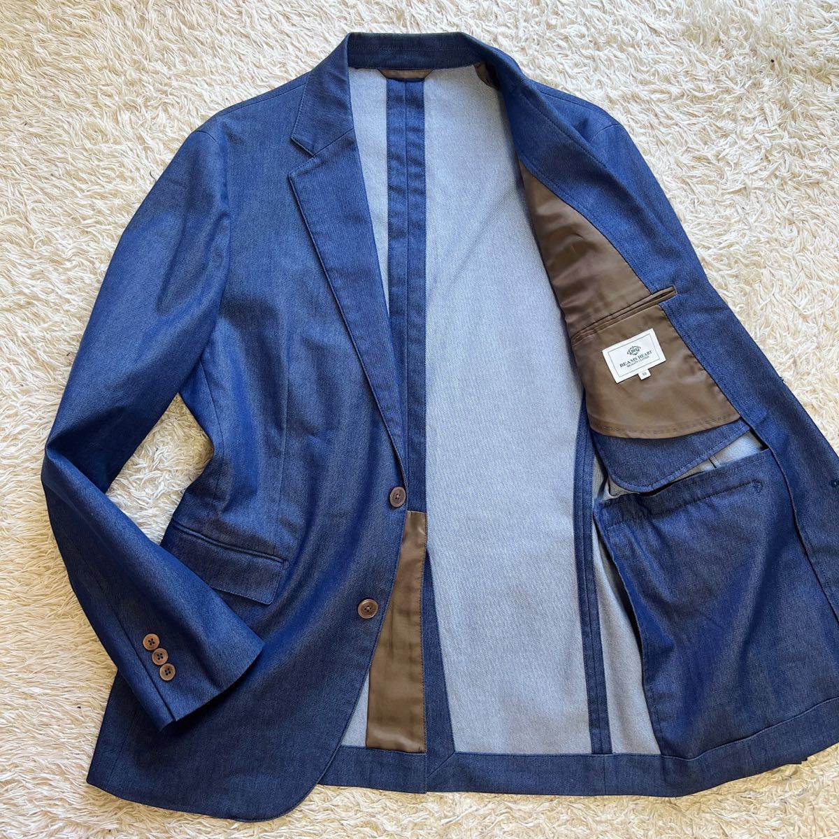 『極美品』ビームスハート【超希少XL!!】BEAMS HEART テーラードジャケット デニム調 ブルー 2B 裏地バイカラー 50(LL相当)