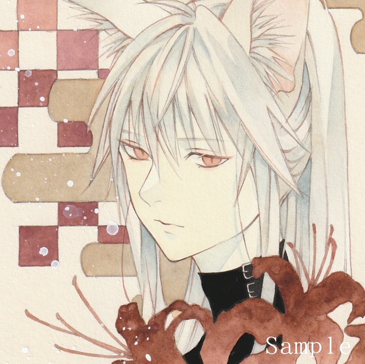 手描きイラスト 【狐と曼珠沙華】【椿】◇オリジナル◇創作◇絵画