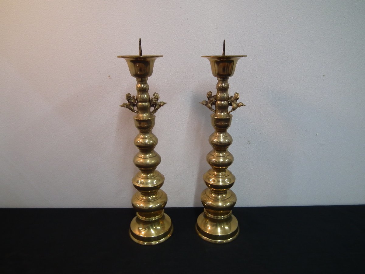 【丸和銘】高級仏具　蝋台　蝋燭 寺院仏具 真鍮 大型 火立て ロウソク立て 燭台 一対(2本) 高さ約40cm　仏具　正月　お盆　線香