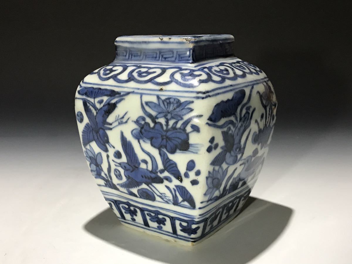 茶道具/茶入 明染付人物文 双鳥唐花紋 中国美術 赤字超特価，セール】 中国美術 唐物コレクター 明時代 染付花鳥文壺