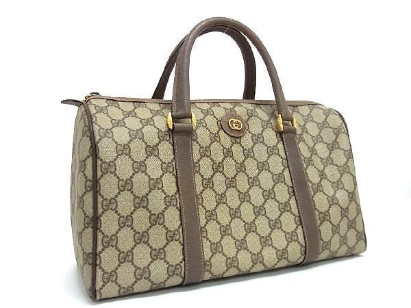 1円 ■美品■ GUCCI グッチ オールドグッチ ヴィンテージ GG柄 PVC×レザー ミニボストンバッグ ハンドバッグ ブラウン系 AR8469