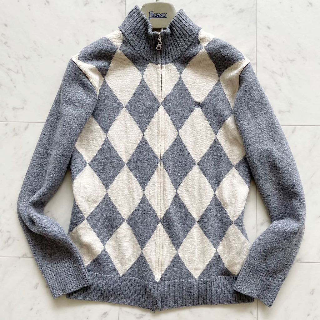 極美品☆ バーバリーブラックレーベル BURBERRY BLACK LABEL アーガイル柄 ドライバーズニット ジップアップ ブルゾン M ウール100% 高級感