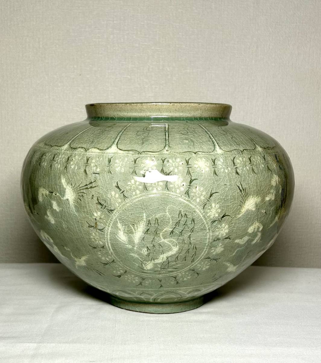 三島 象嵌 雲鶴図 抹茶碗 検) 古道具 骨董 茶道具 李朝 三島 象嵌 雲