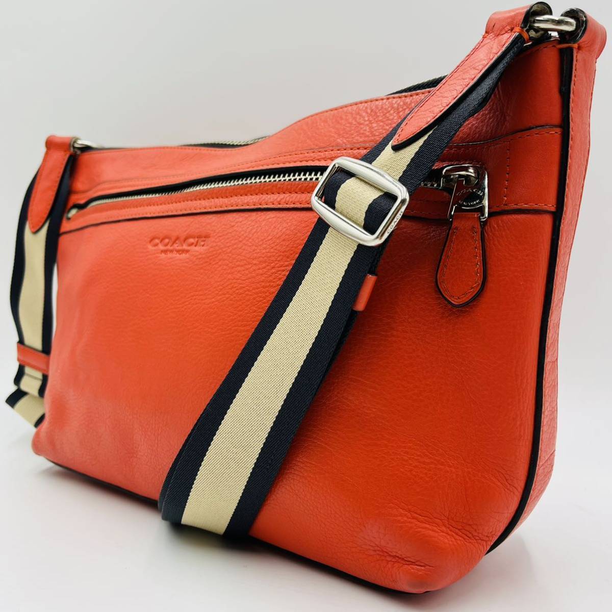 1円 【入手困難】COACH コーチ ショルダーバッグ 斜め掛け レザー 本革 メンズ ビジネス ヘリテージ オレンジ ロゴ型押し 男女兼用