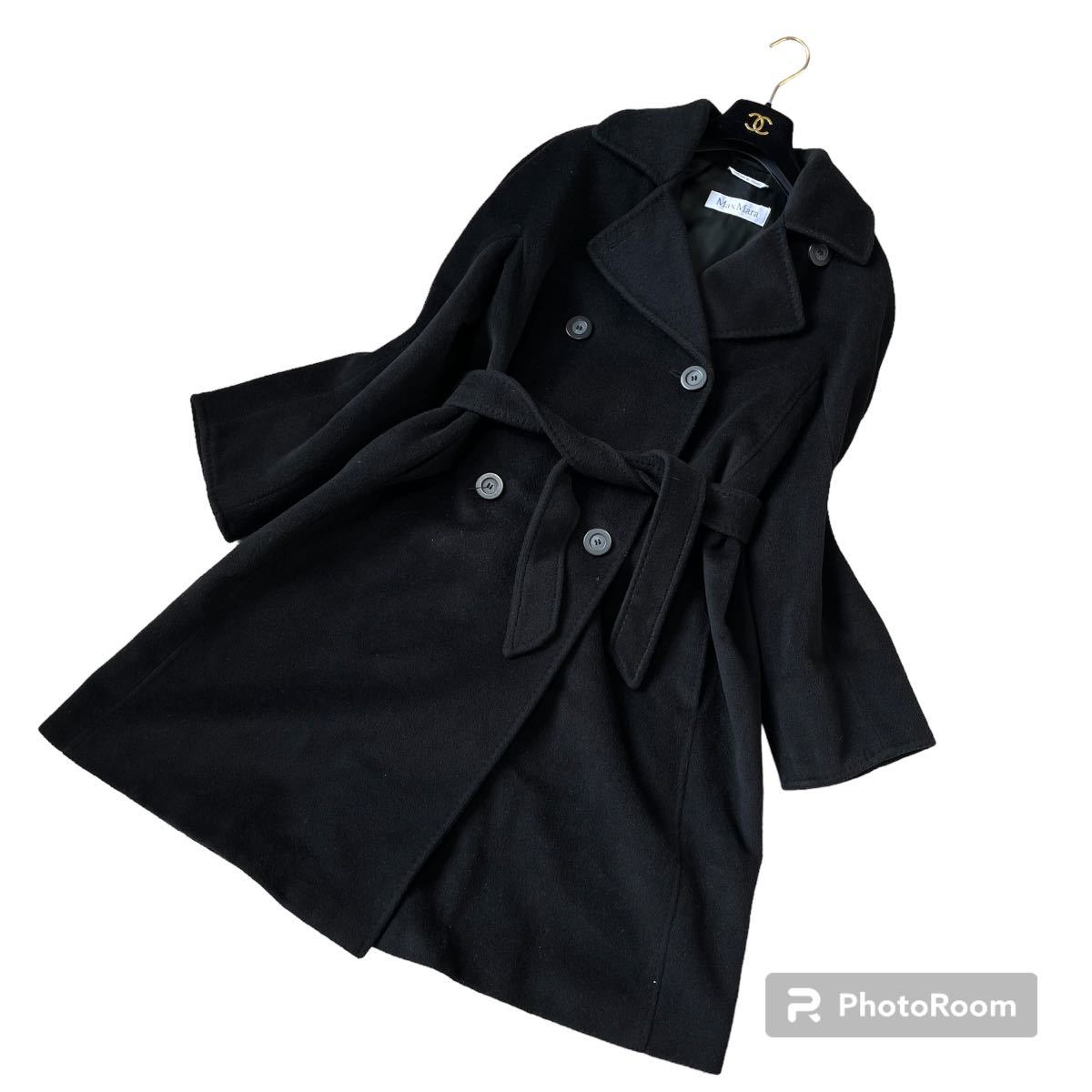 美品 MaxMara 最高級白タグ シルク トレンチコート ベルト付き ブラック MAX MARA 【最高級白タグ】 マックスマーラ ベルテッドコート カシミヤ