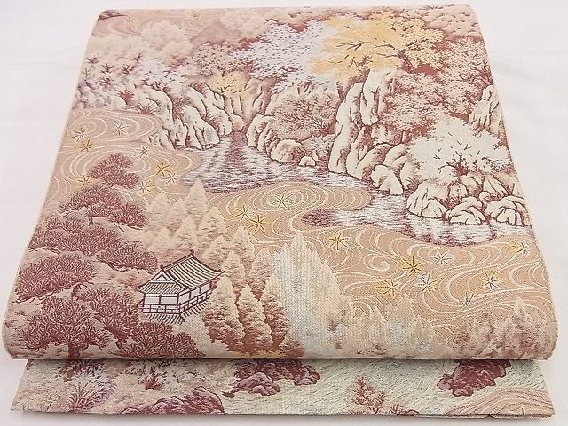 平和屋野田店■山喜織物謹製　萬葉　紹巴　全通柄袋帯　竜田川風景文　逸品　n-hj6609