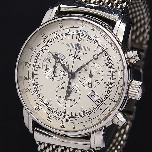 1円 稼働 ツェッペリン QZ 7680-1 100周年記念モデル シルバー文字盤 クロノ デイト メンズ腕時計 0012100NKG