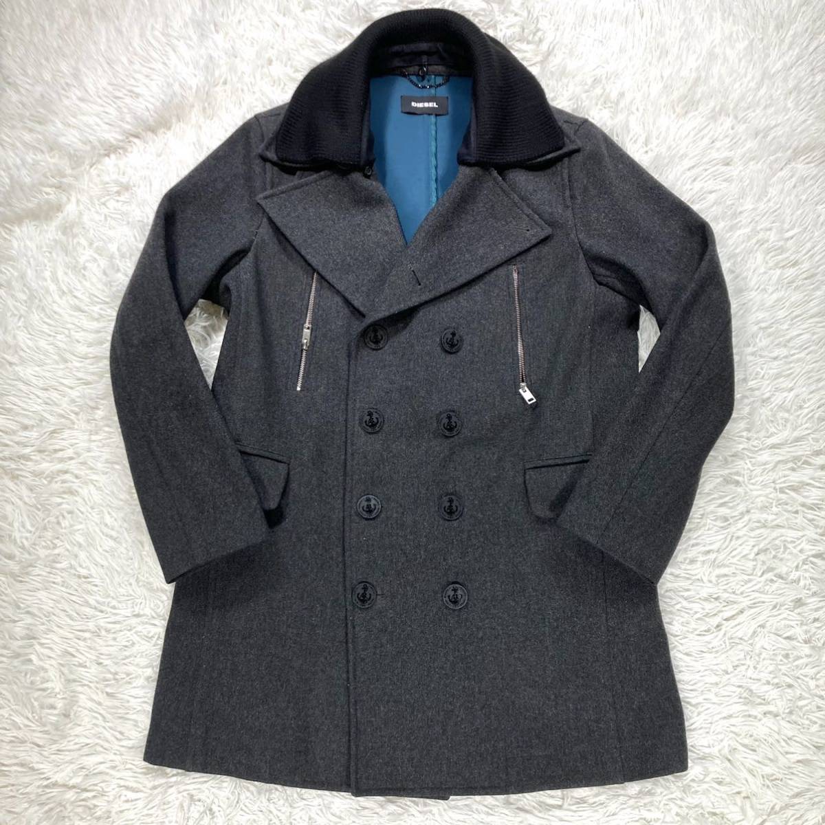 希少【美品】DIESEL ロングコート ウール×レザー 異素材切替 2way M 希少 美品 裏地派手】 diesel 2way ロングコート ダブルブレスト