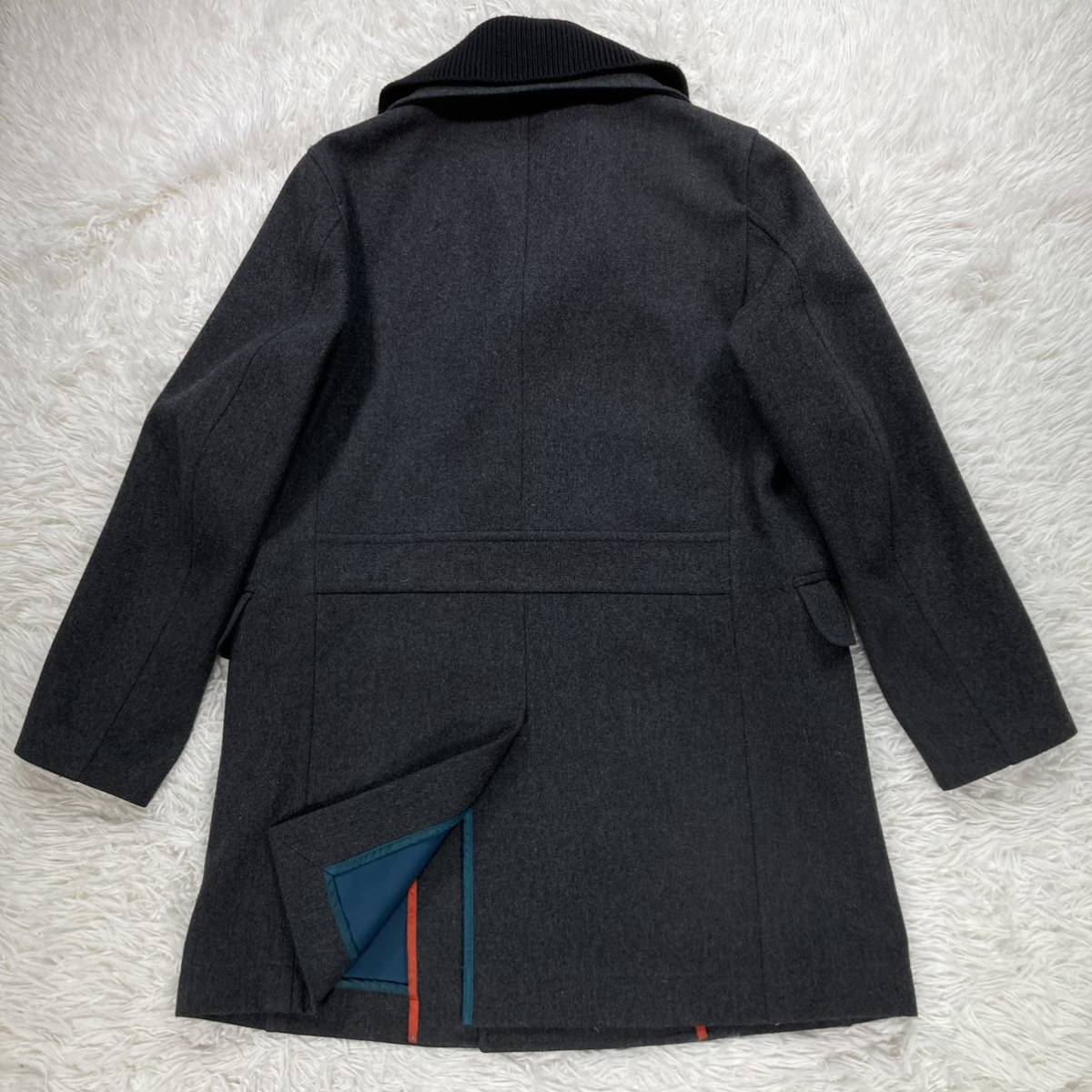 希少【美品】DIESEL ロングコート ウール×レザー 異素材切替 2way M 希少 美品 裏地派手】 diesel 2way ロングコート ダブルブレスト