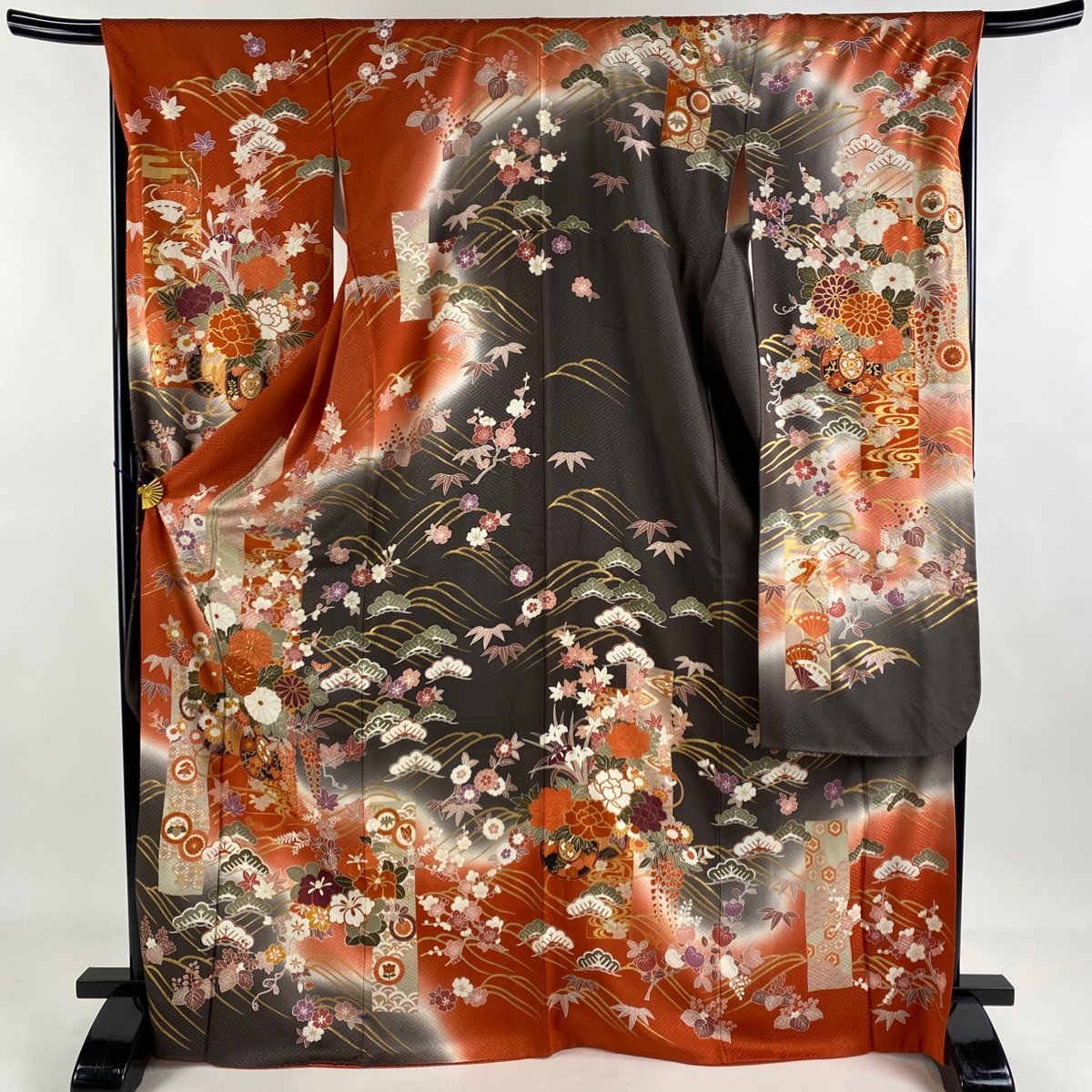 振袖 秀品 扇面 草花 金糸 金彩 朱色 袷 身丈154cm 裄丈63cm S 正絹