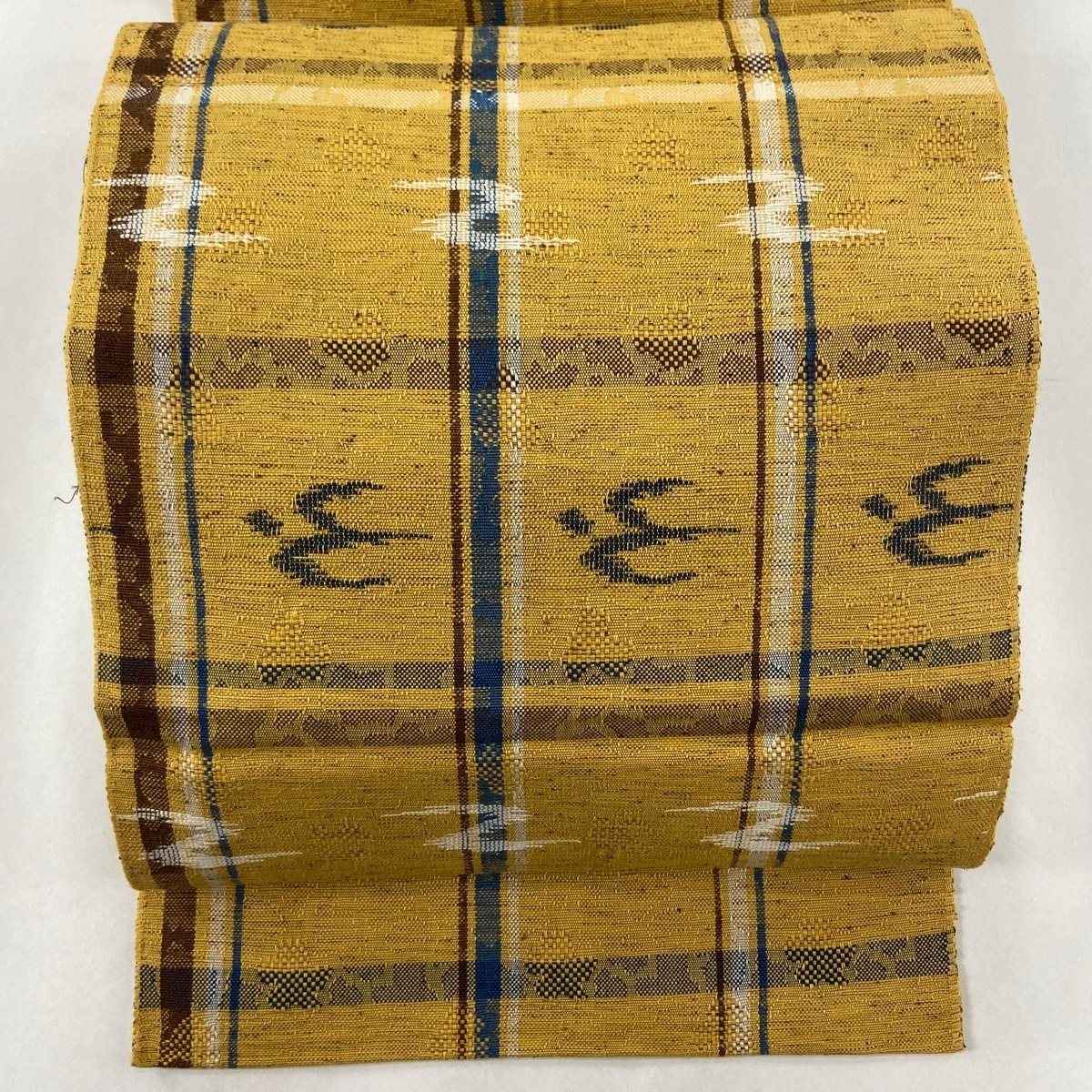 名古屋帯 美品 秀品 松葉仕立て 八寸名古屋帯 格子 燕 黄土色 正絹 