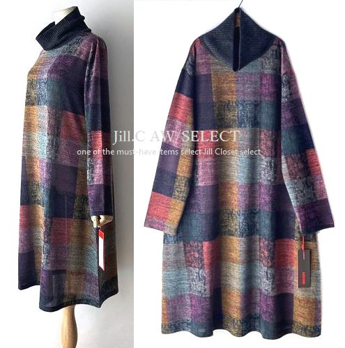 Jill.C*［新品］ 送料185円 伸縮◎綺麗配色 グラデBLOCK*ボリュームリブ ネックdesign*プルオーバー*チュニック*ワンピース3672cc.MIX