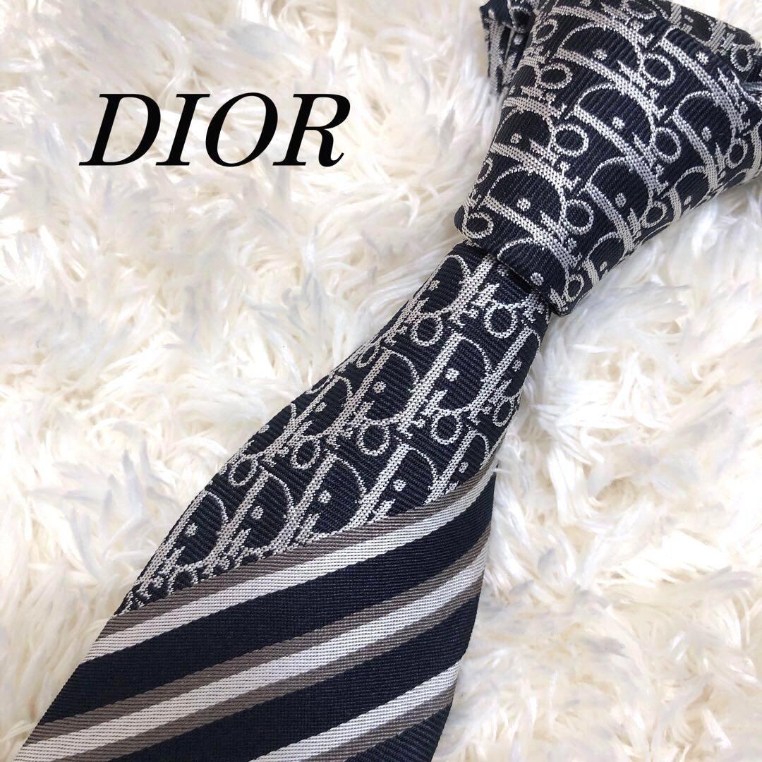 美品 箱付Dior Homme ネクタイ オブリーク総柄ネイビー シルク 【美品
